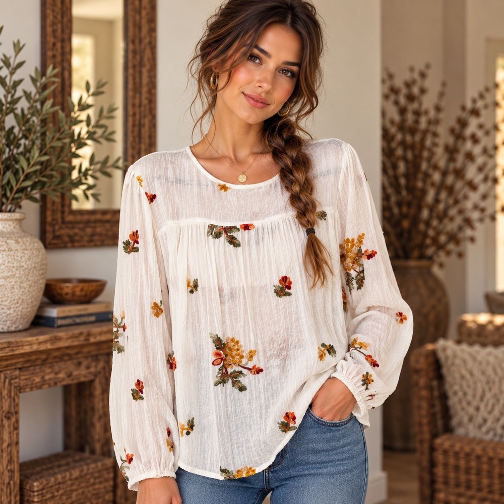 Fig and Flower White Floral Embroidered Gauze Blouse XL Boho Peasant Top